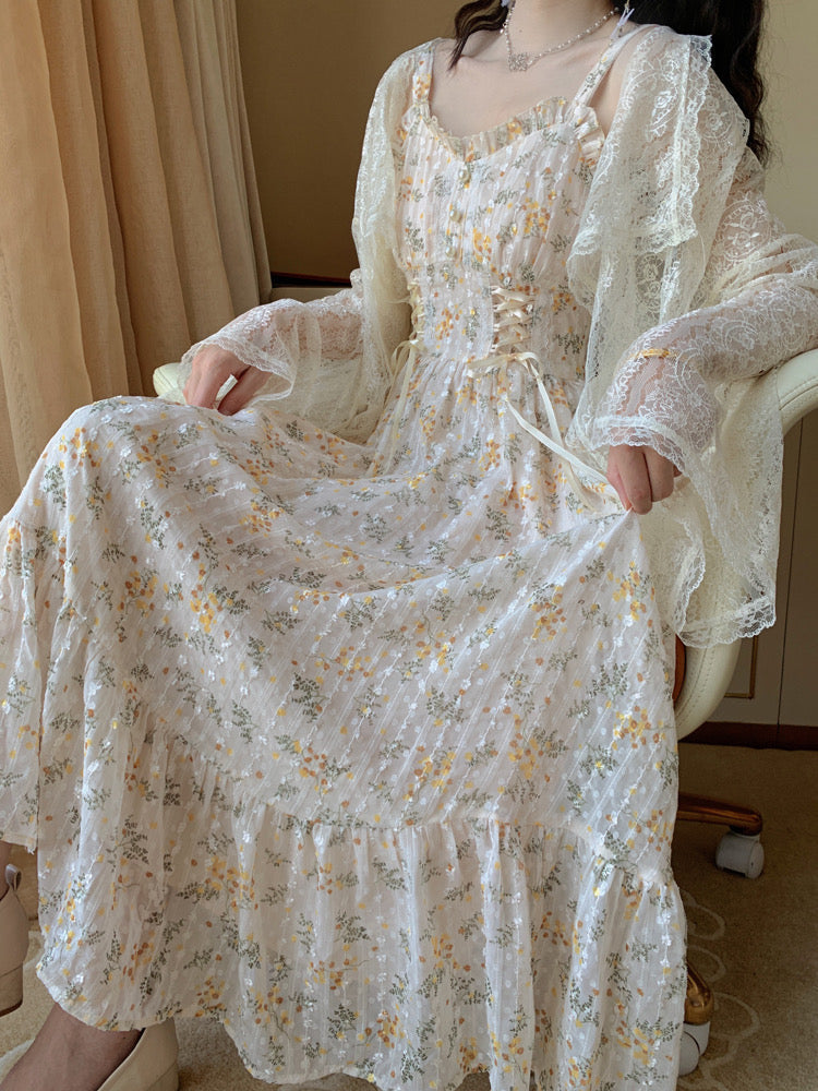 Ditsy Floral Lace Up Midi Dress Maxct