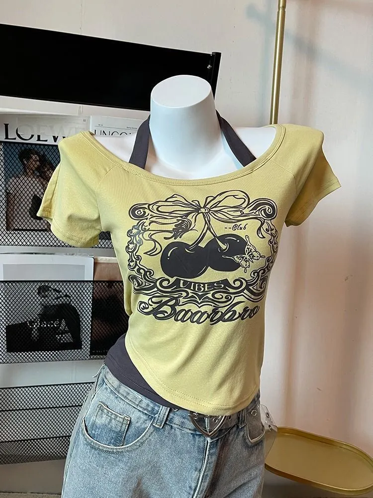 Retro Millennial Fake Two Letter Printed T-Shirt Women Y2K Streetwear Hot Girls Slim Korean Fashion Street Trend Casual Tops