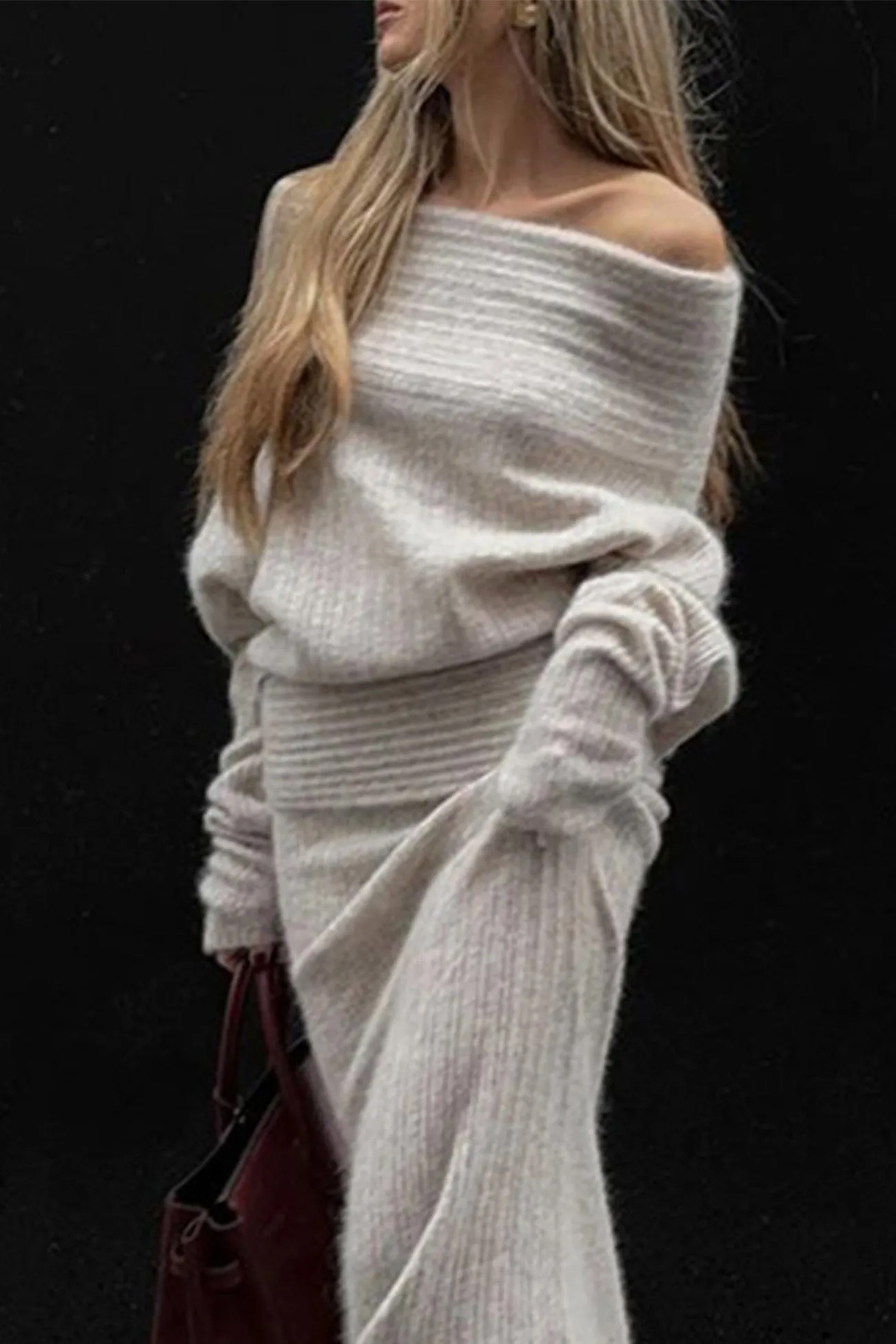 Maxct-Off-Shoulder Sweater Midi Skirt Suits