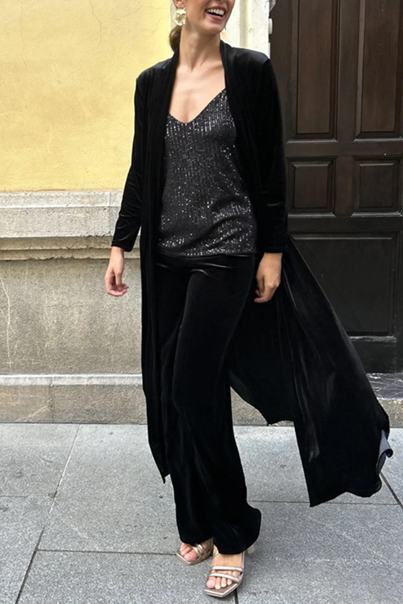 Maxct Velvet Slit Long Cardigan Two-piece Pants Suits