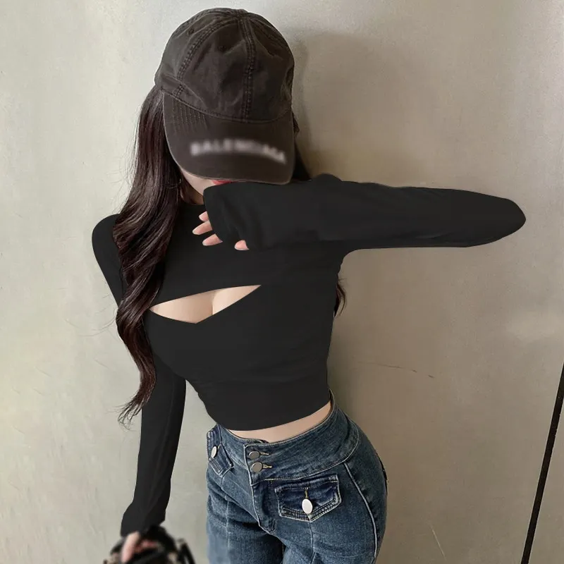 Maxct Women Y2k Sexy Hollow Top Solid Cilir Suspender Round Collar Long Sleeve New Cross Female T Shirt