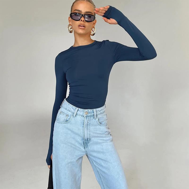Female Korean Fashion Crop Tops Women Long Sleeve T-Shirts Solid Color O Neck Slim Fit Casual Basic Tees Going Out Outfits
