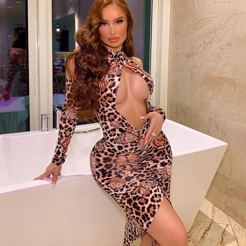 Voguable outfits Long Removable Sleeves Backless Butterfly Print Hollow Out Dress Fall Streetwear Y2K Maxct
