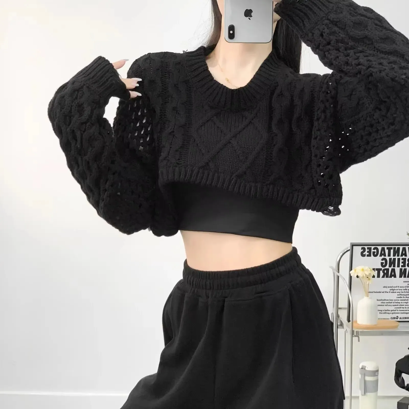 Maxct Sweater For Women Vintage Loose Casual Long Sleeve Knit Sweater Y2k Hollow Out Streetwear Top