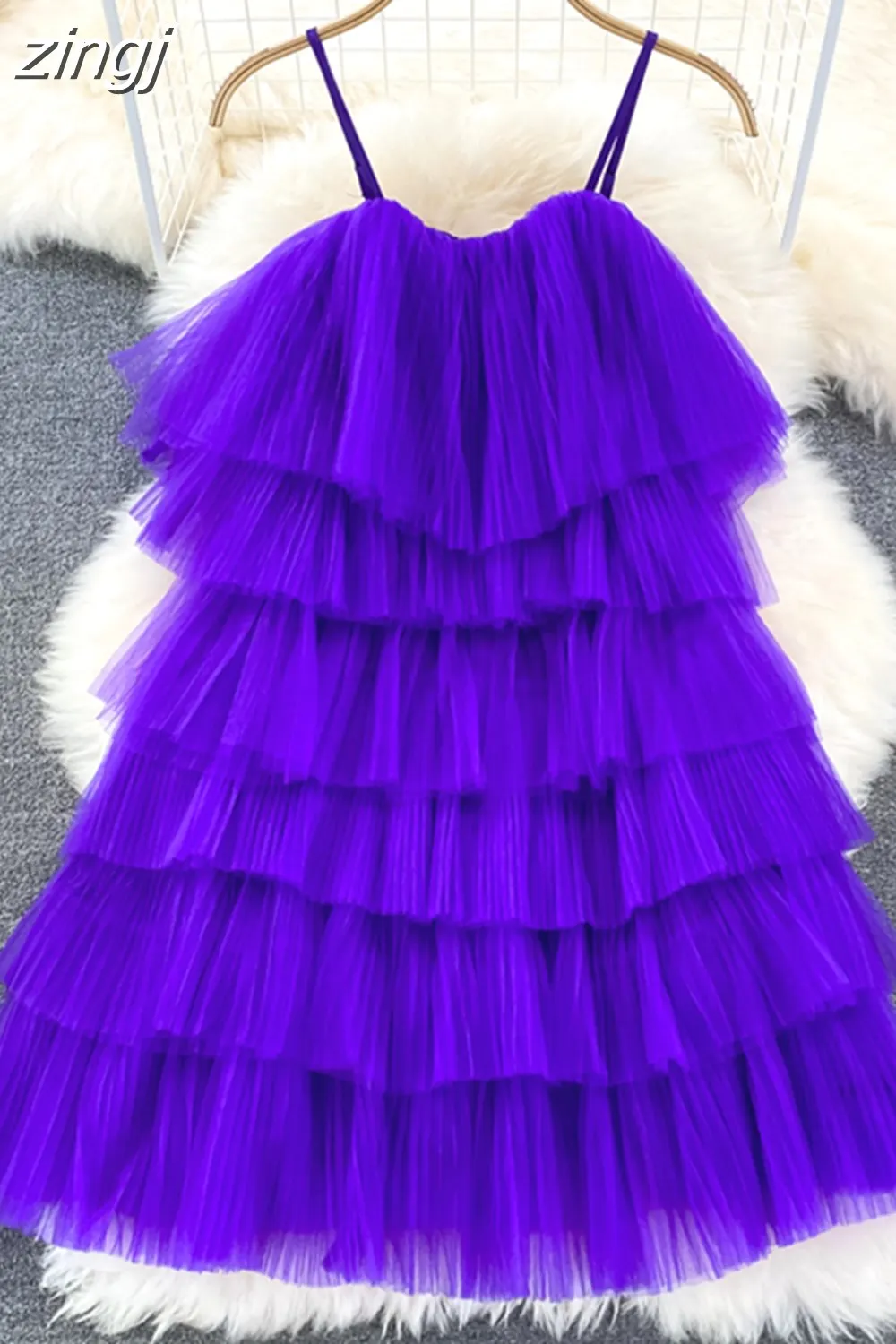 Maxct Cascading Ruffle Mesh Spaghetti Strap Mini Dress Women Purple/Green/Pink Sleeveless A-Line Vacation Beach Vestidos Female