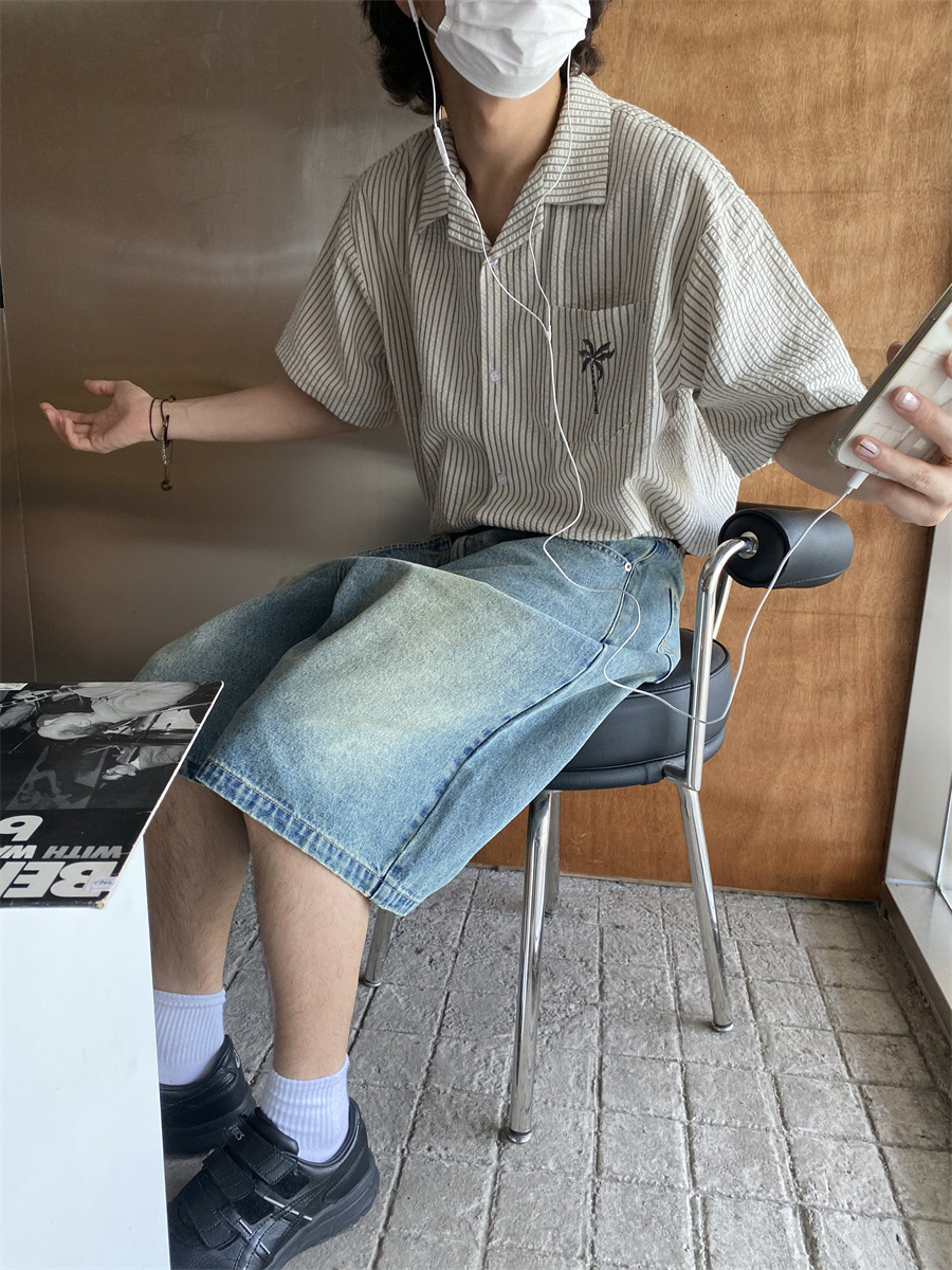 90s Streetwear American Style Retro Coconut Tree Embroidered Cuban Collar Striped Short Sleeve Shirt Men's Summer New Lapel Loose Casual Shirt