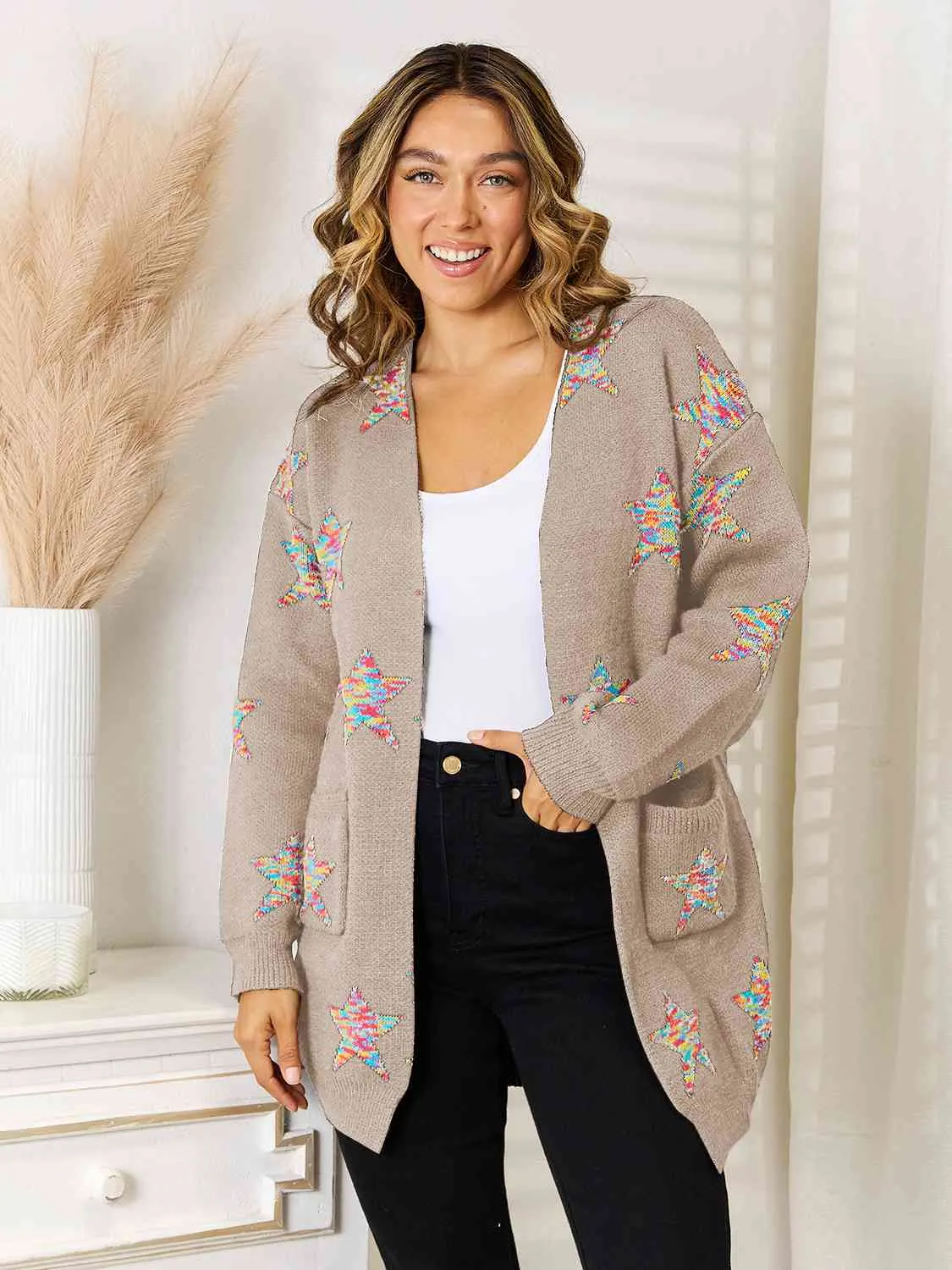 Maxct &Star Pattern Open Front Cardigan with Pockets