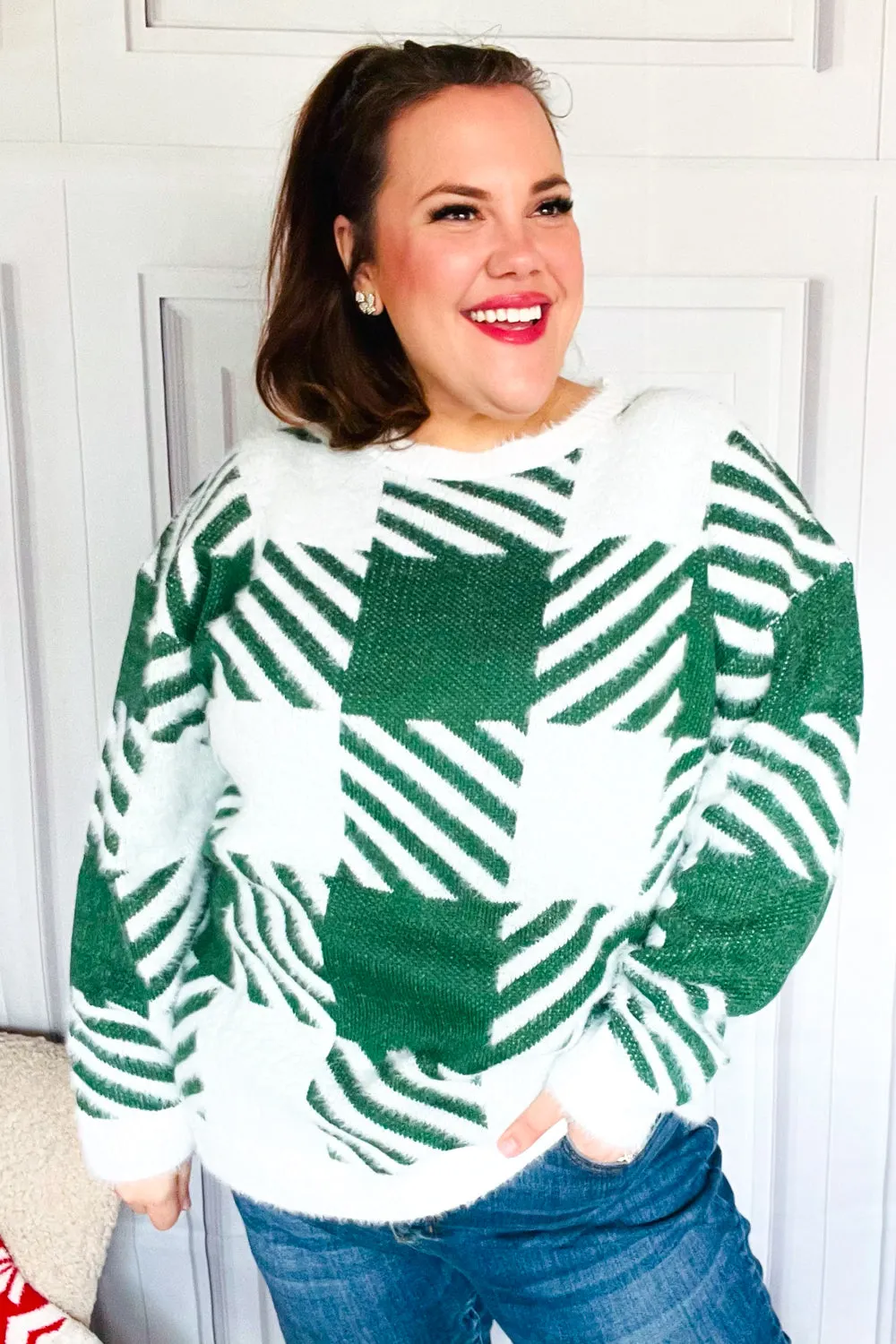 Maxct &Under The Christmas Tree Green Plaid Soft Brushed Hairy Sweater