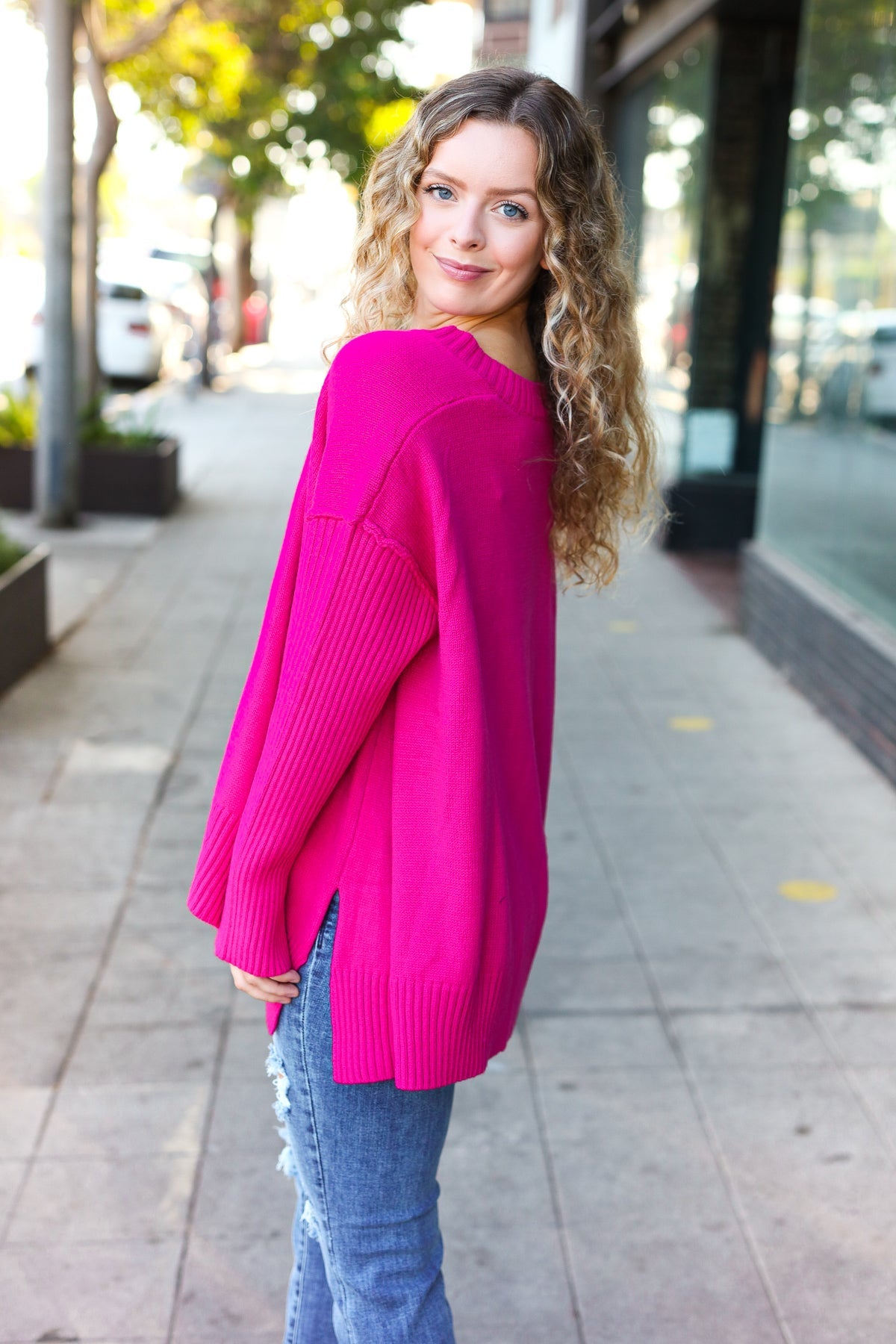 Maxct &Be Bold Magenta Oversized V Neck Rib Knit Sweater