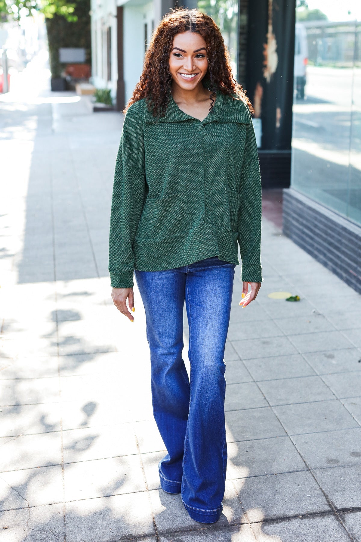 Maxct &Easy Living Olive Textured Knit Notch Neck Oversized Collar Sweater