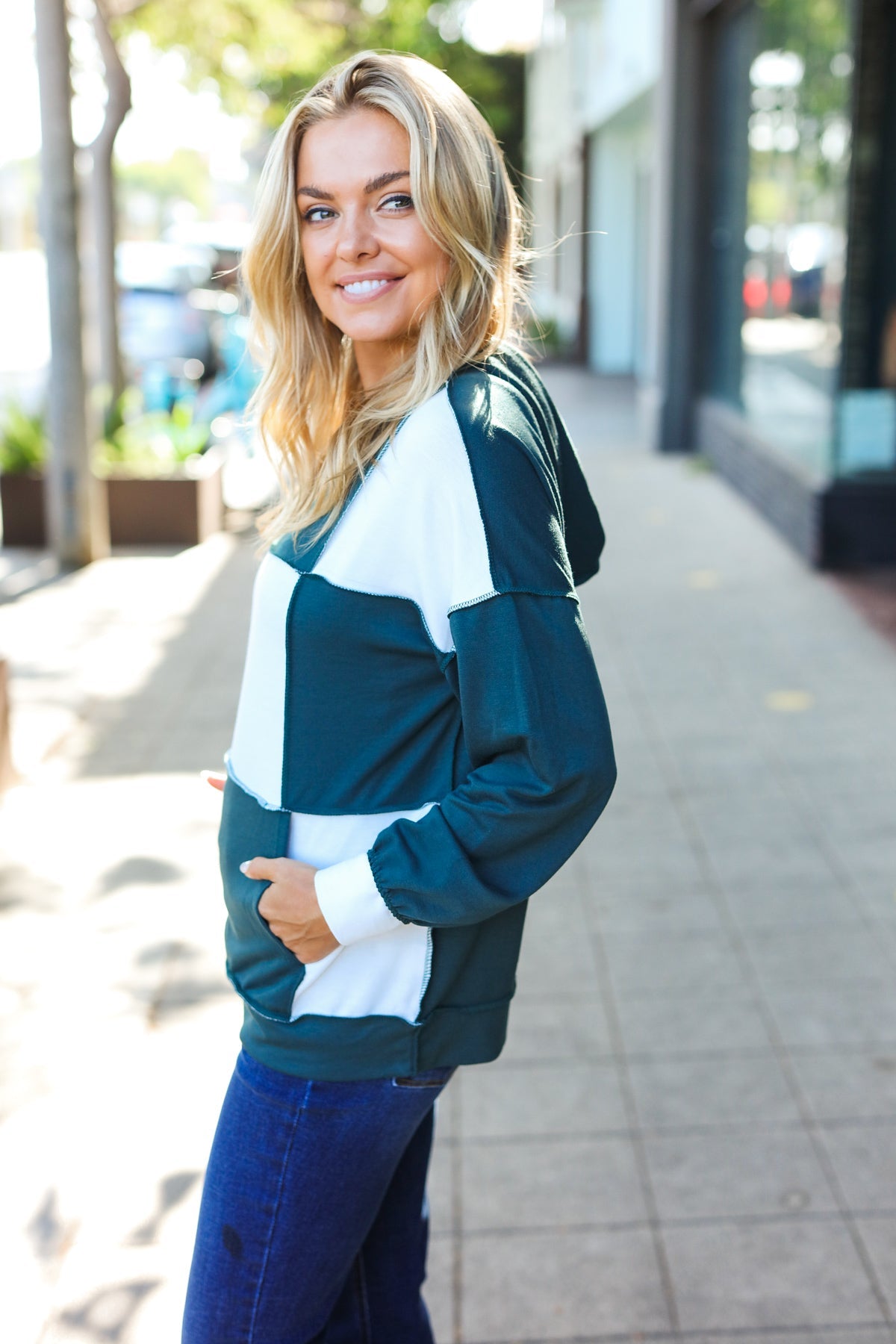 Maxct &Adorable In Hunter Green Color Block Check Print Terry Hoodie