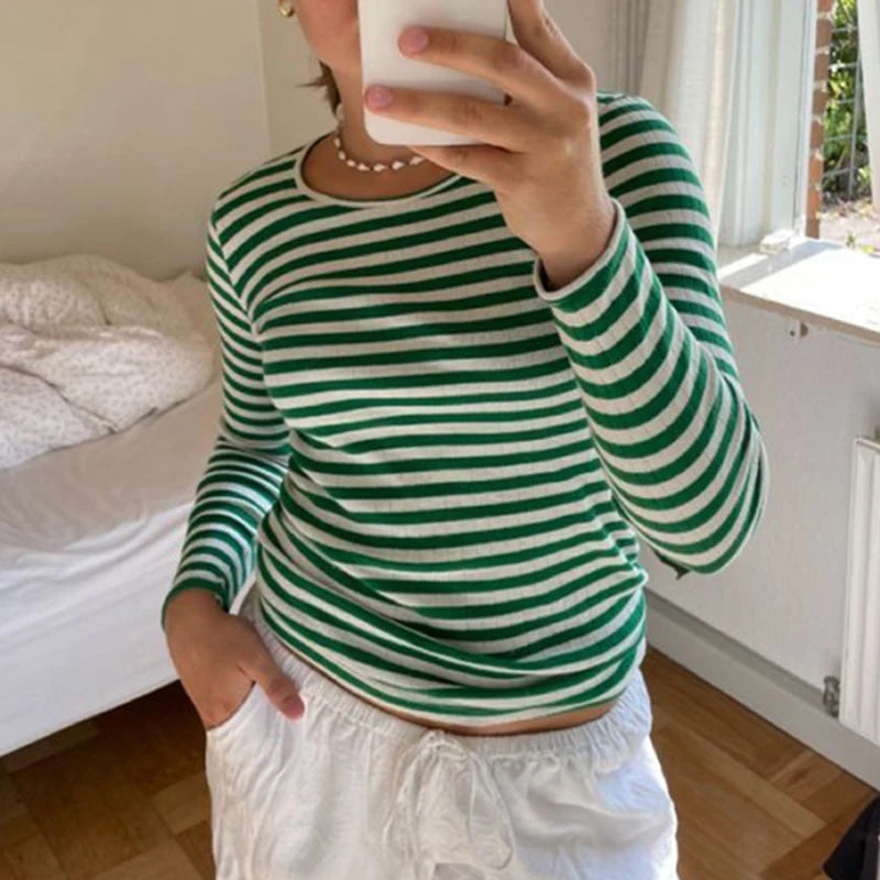 Maxct Vintage Preppy Style Y2K Crop Tops Clothes Cottage Striped Rib Knitted T-shirt Women Long Sleeve Casual Basic Tees Pullovers