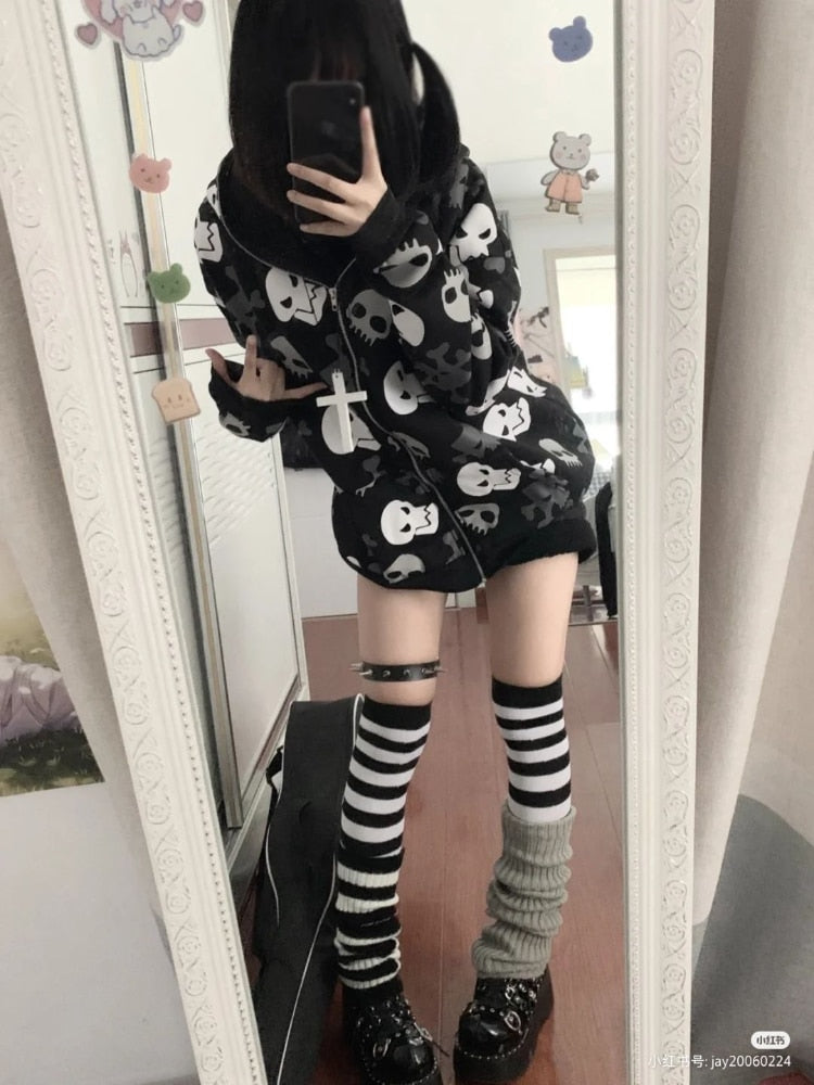 Skull Zip up Hoodie for Women Maxct