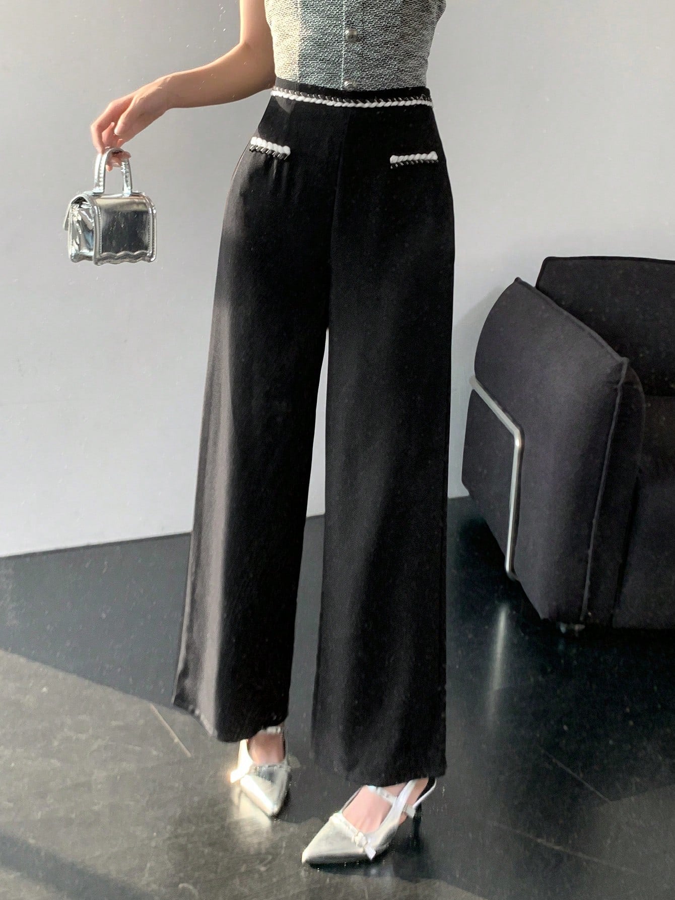 Maxct Women's Casual Woven Belt Splice Wide Leg Suit Pants