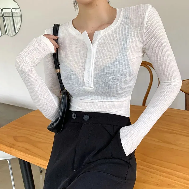 Maxct Spring Thin Cotton T-shirts Tees Women's Elastic Slim Solid Soft Semi-transparent O-neck Tshirt Top Real Photos