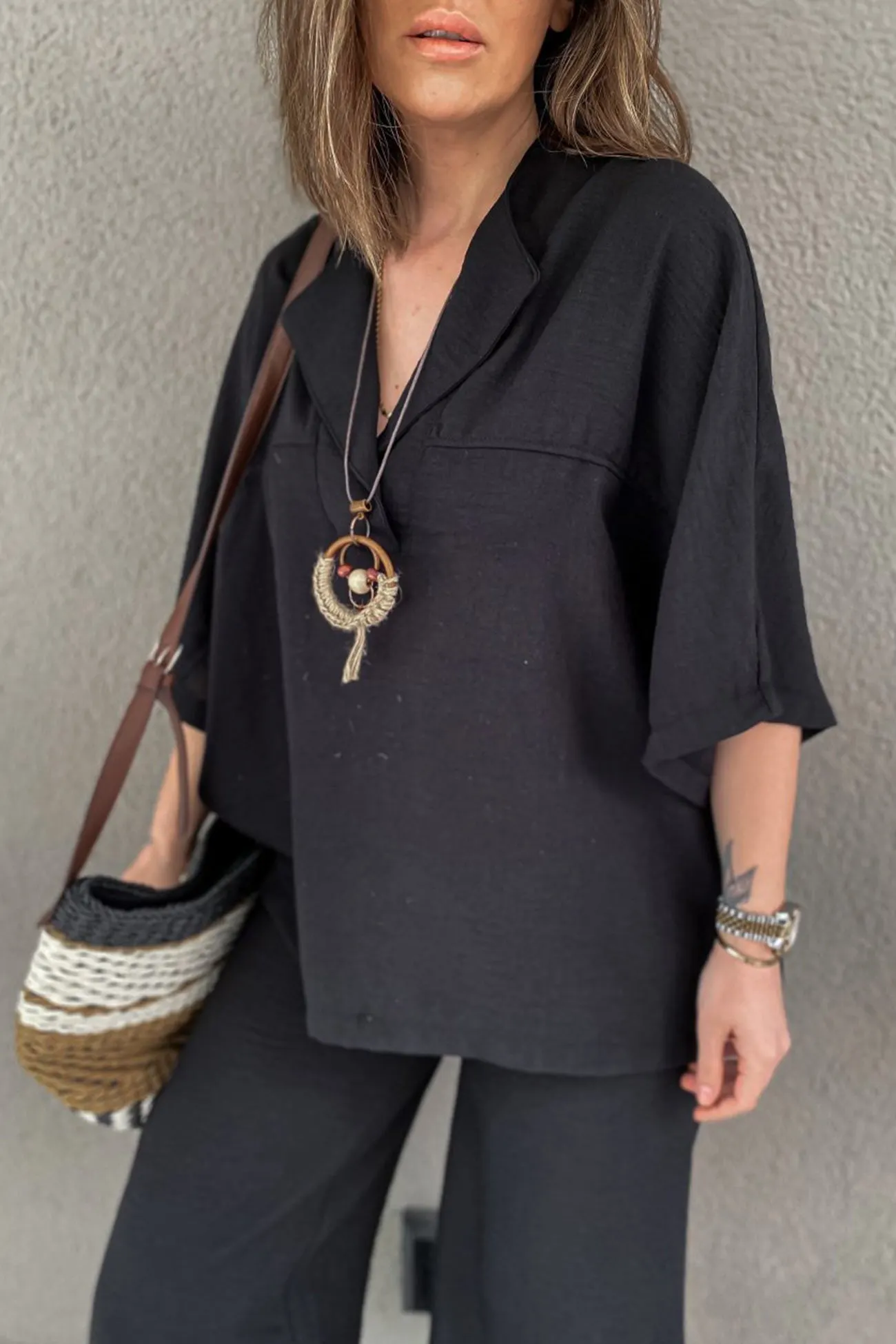 Maxct Lapel Shirt Slit Hem Long Pants Set