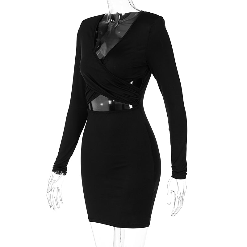 Voguable Long Sleeves V Neck Hollow Out Solid Mini Dress Outfit Y2K Streetwear Maxct