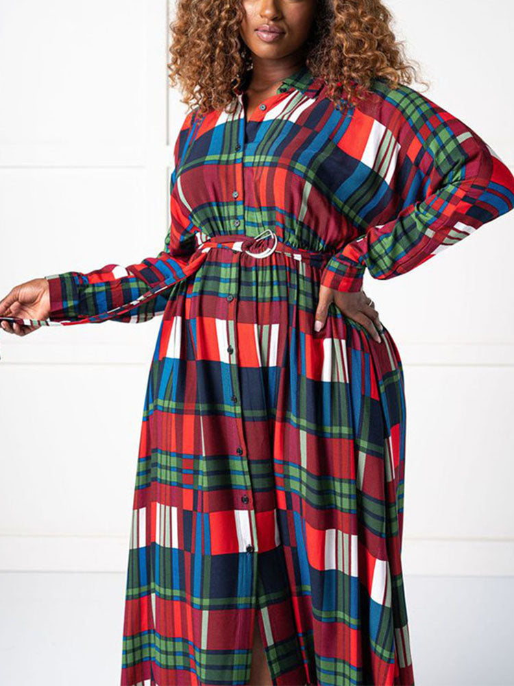 Plaid Print Shirt Collar Maxi Dress Maxct
