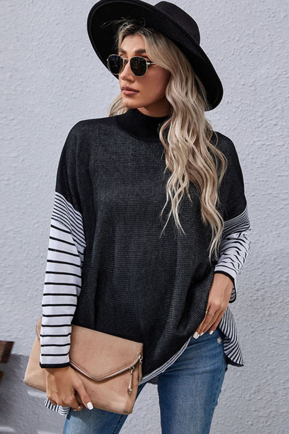 Maxct &Striped Dolman Sleeve Mock Neck Knit Pullover