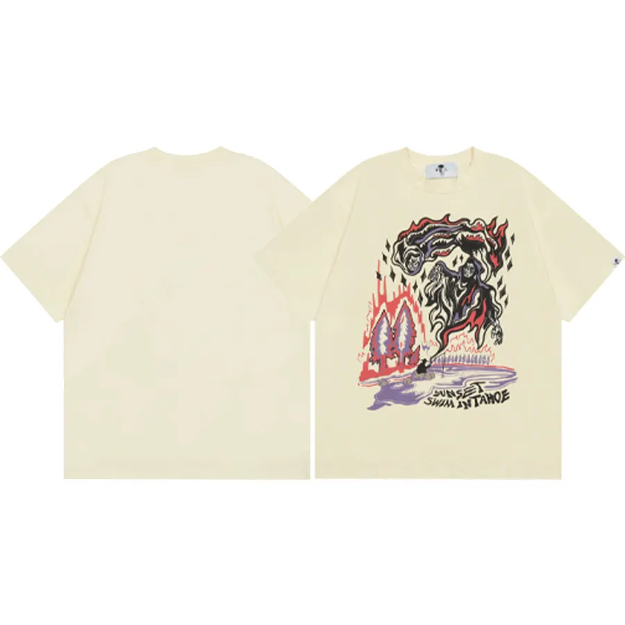Maxct t shirt American Warren Lotas Joint-Name Skull Character Print Men's Loose round Neck Short Sleeve T-shirt Fashion Brand