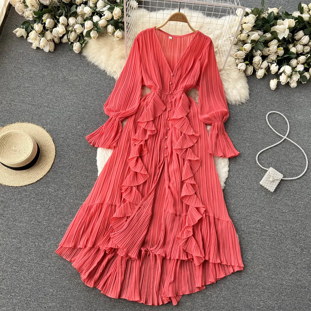 Chiffon Pleated Long Dress Women Vintage V-Neck Flare Sleeve Draped Ruffle Vestido Female Maxi Robe Spring Fall 1215-1