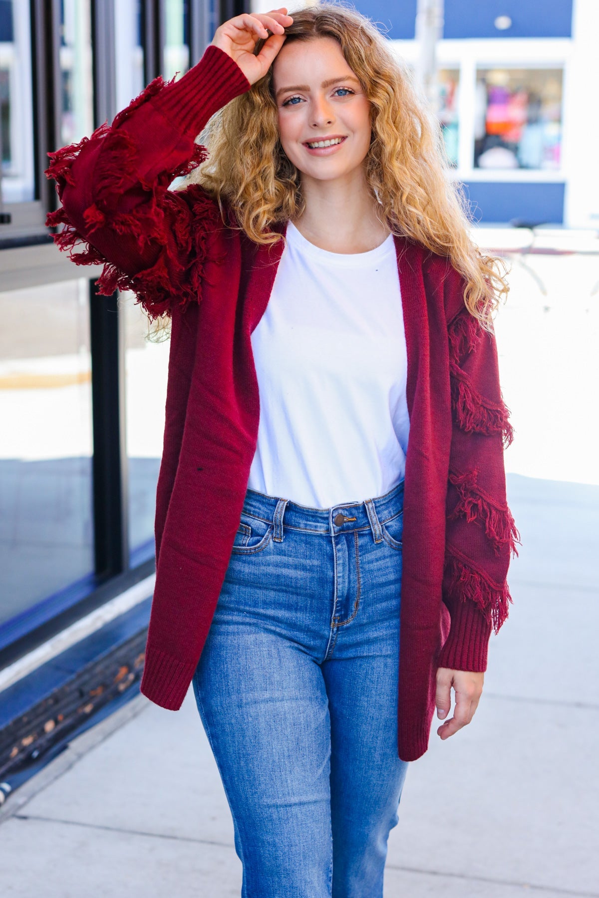 Maxct &Beautiful You Burgundy Fringe Detail Knit Cardigan