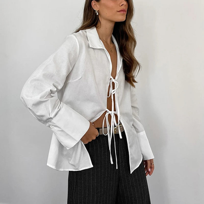 Maxct Hollow Out Lace Up White Cotton Linen Shirt Women's Long Sleeve Loose Casual Sexy Lapel Cardigan Top Female Summer new