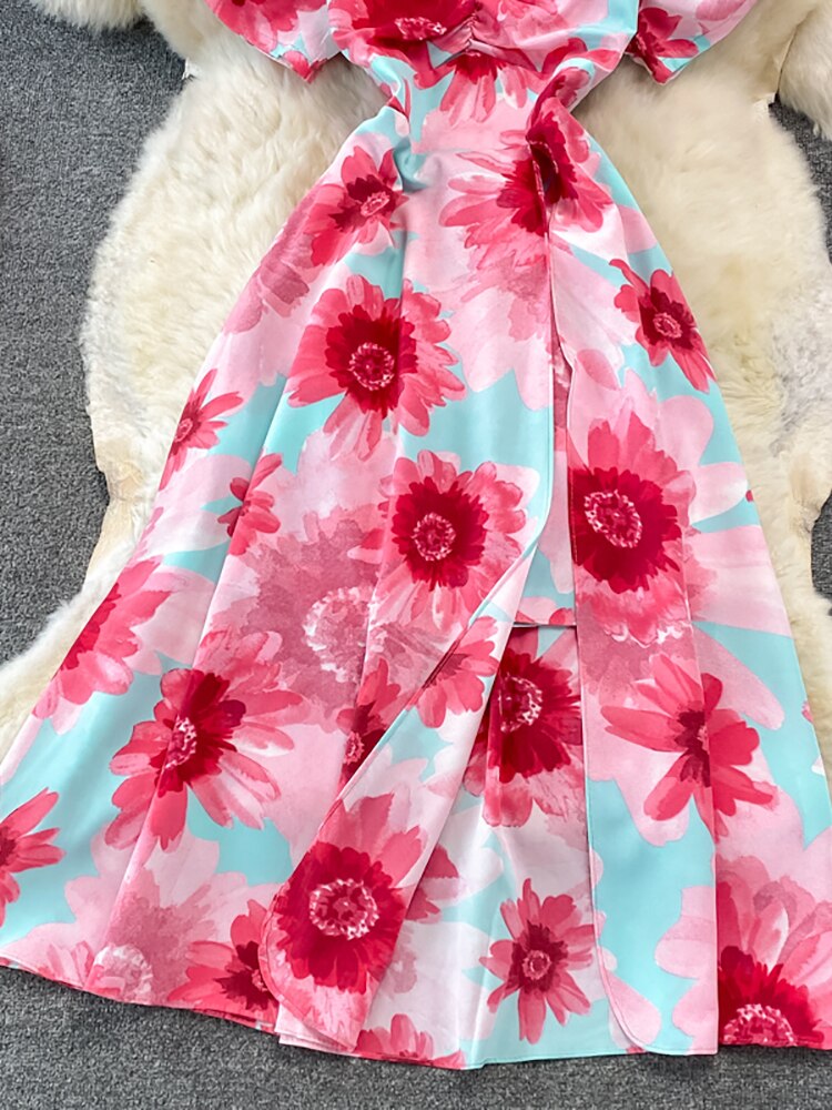 Vintage Women Printed Dresss Sexy Square Collar Short Puff Sleeve High Waist A-Line Vacation Beach Vestidos Female New