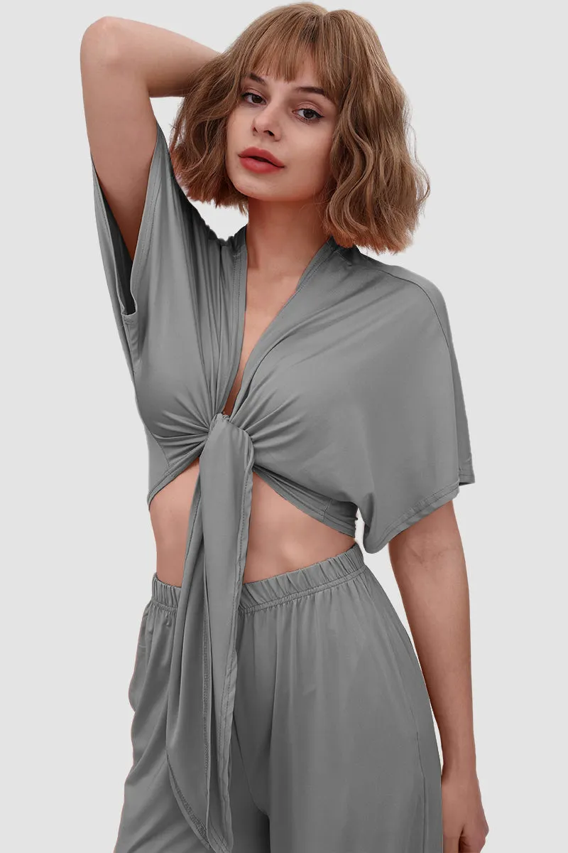 Maxct Deep V-neck Top & Elastic Wide Leg Pants