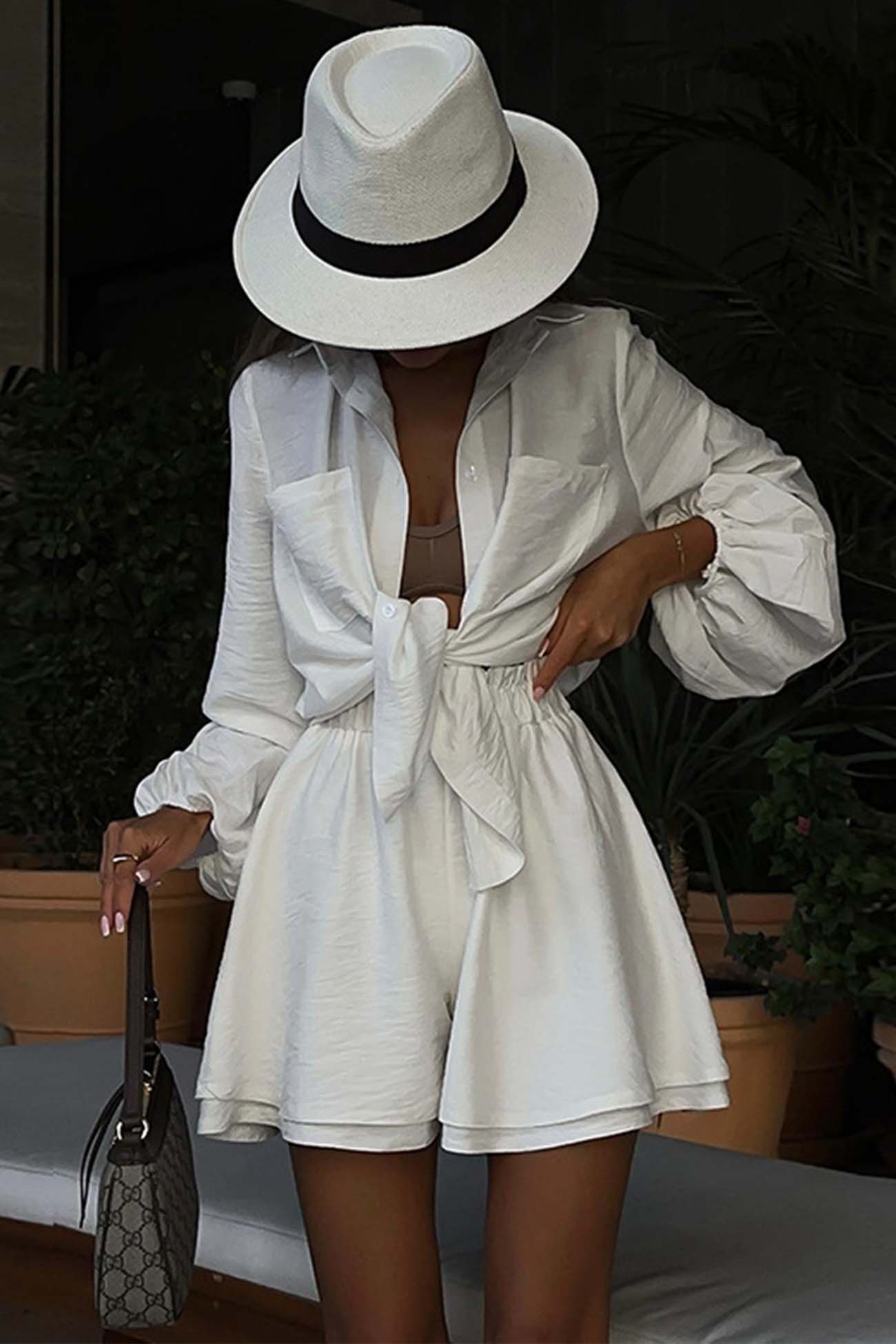 Maxct Solid Color Puff Sleeve Shirt Shorts Set