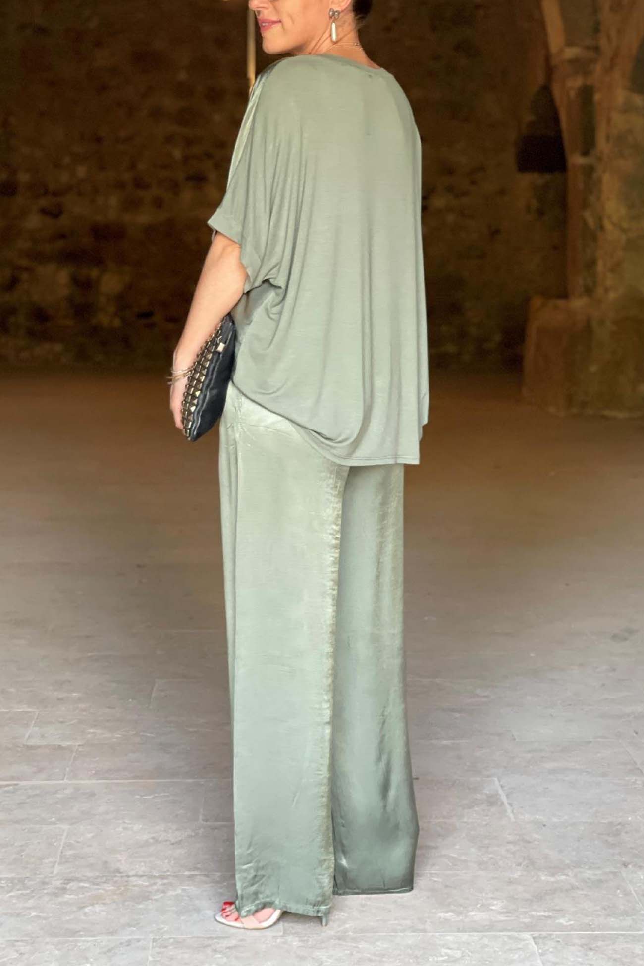 Maxct Satin V Neck Half Sleeve Long Pant Set
