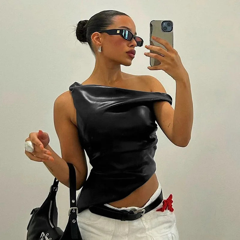 Maxct Skew Collar Short Leather Top For Women Sleeveless Pleated Slim Pullovers Fashion Irregular High Street T shirt Hot Girl