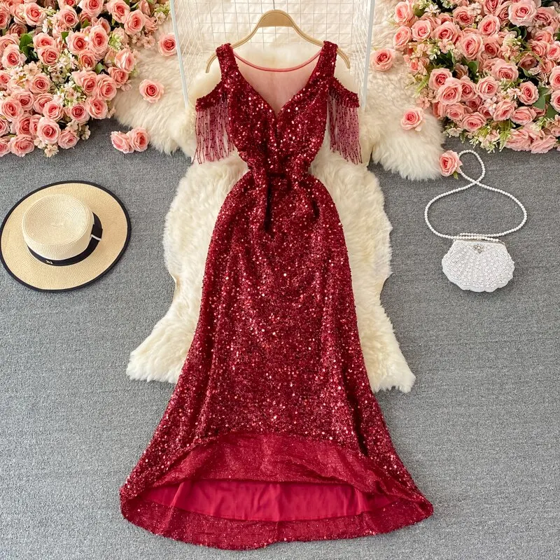 Sequins Party Maxi Dress For Women Sexy V-Neck Short Sleeve High Waist Tassel Long Robe Female Elegant Vestidos