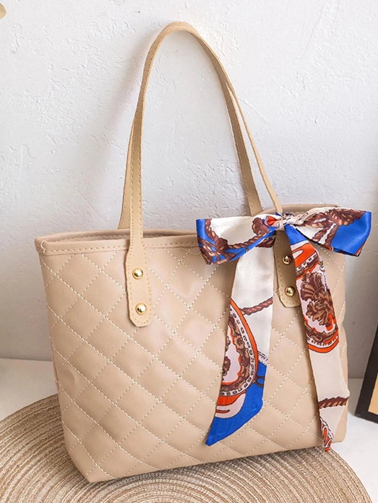 Maxct - Twilly Scarf Decor Quilted Shoulder Tote Bag  - Women Tote Bags