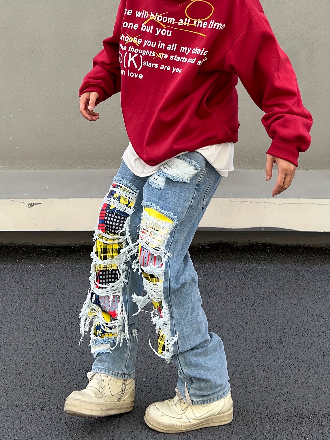 Loose Fit Patchwork Jeans, Men's Casual Street Style Wide Leg Pants With Creative Tassels