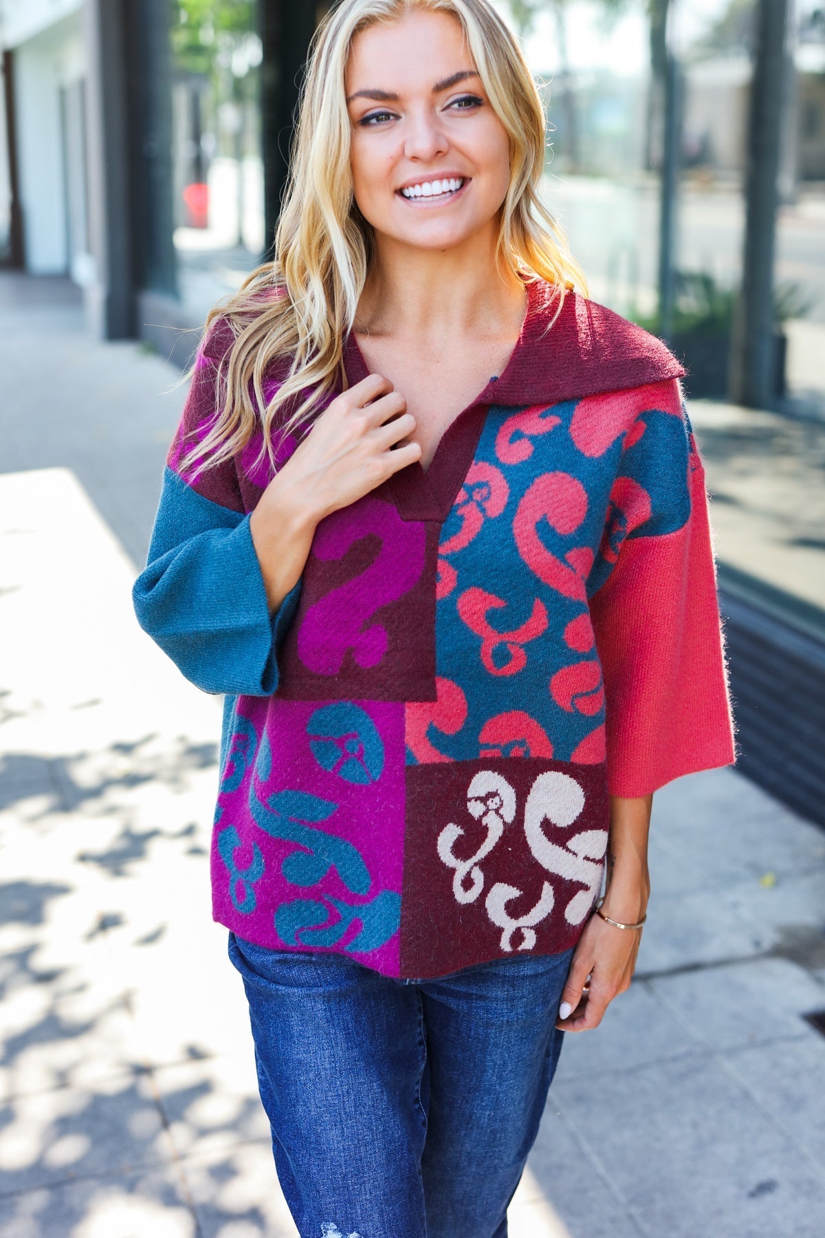 Maxct &Feeling Your Best Wine Abstract Print Color Block Collar V Neck Sweater