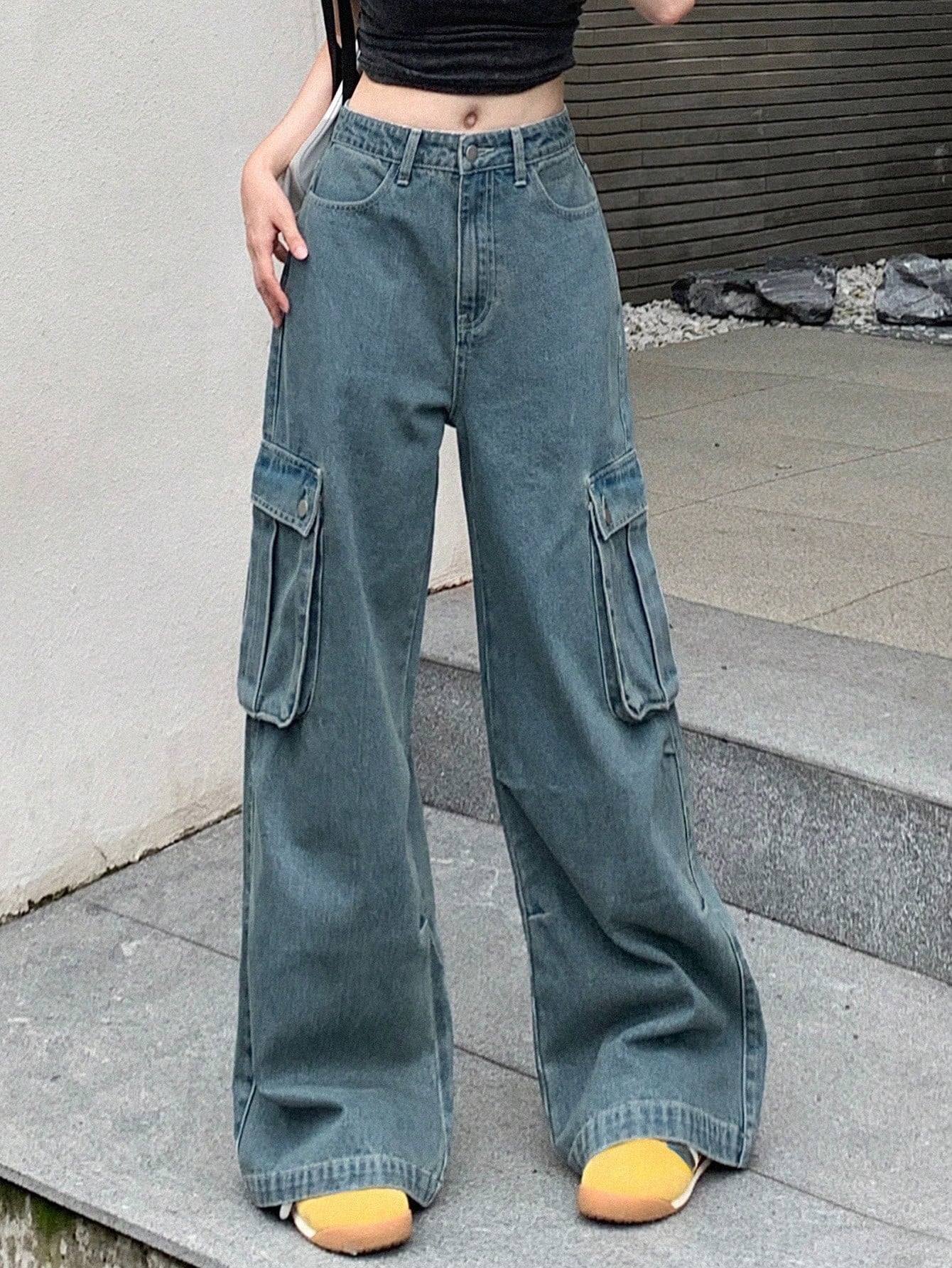 Maxct Women's Wide Leg Denim Pants Loose Fit Cargo Jeans With Pockets