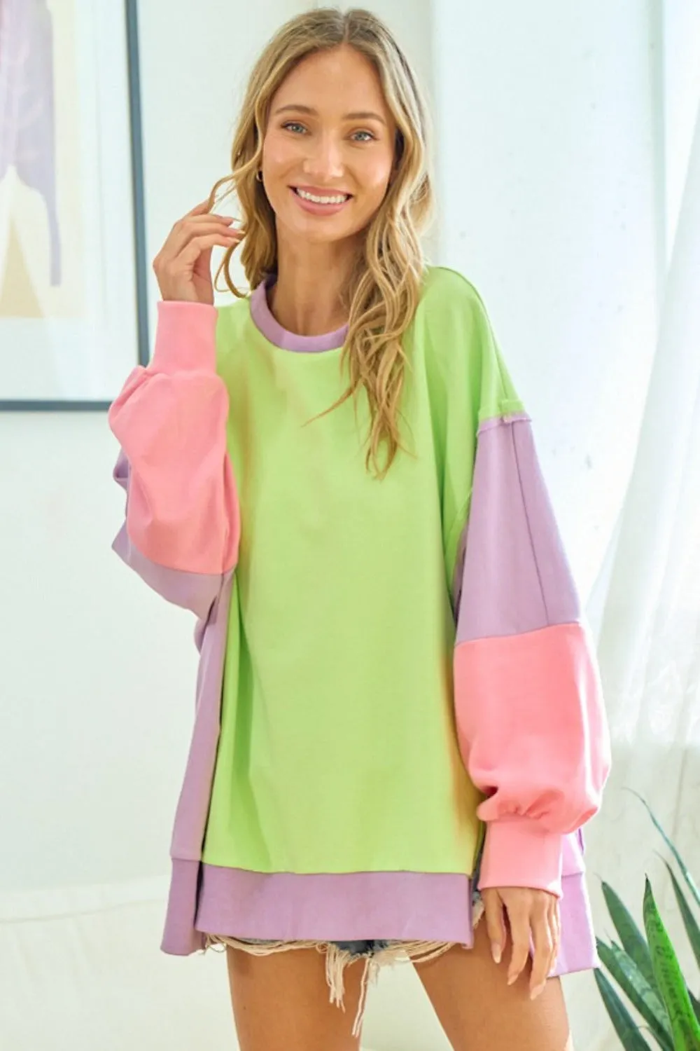 Maxct &First Love Color Block Long Sleeve Slit Sweatshirt