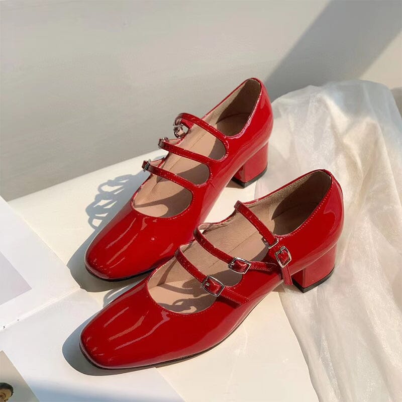 Handmade Mary Jane Shoes 40mm Triple-strap Pumps Block Heel Maxct