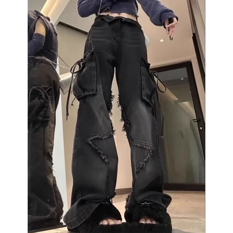 Black Gothic Baggy Women's Cargo Jeans: Star Y2K 90s Aesthetic Emo Denim Trousers - true deals club