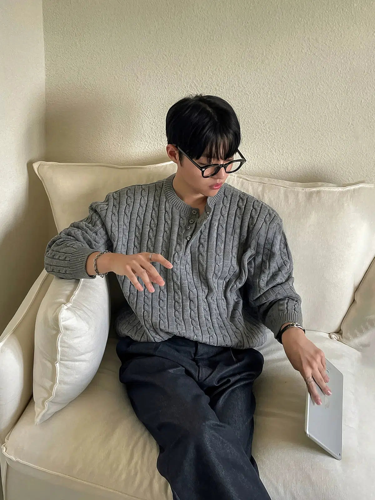 Maxct Pleated Henley Round Neck Sweater