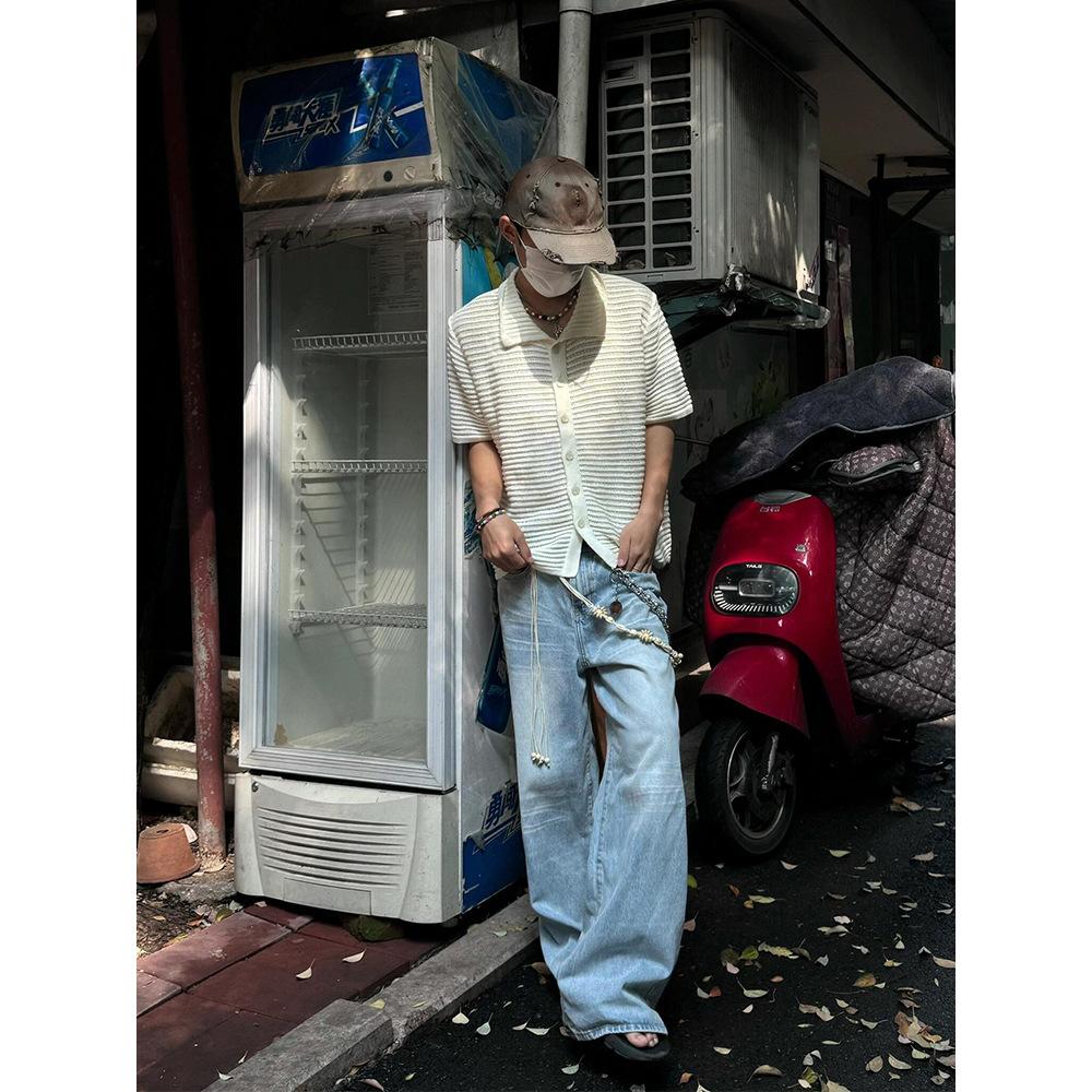 Maxct 90s Streetwear Niche Retro Hollow Shirt Boys Summer New Knitted Shirt Short-sleeved Old Money Style Wear Lapel Half-sleeved Top
