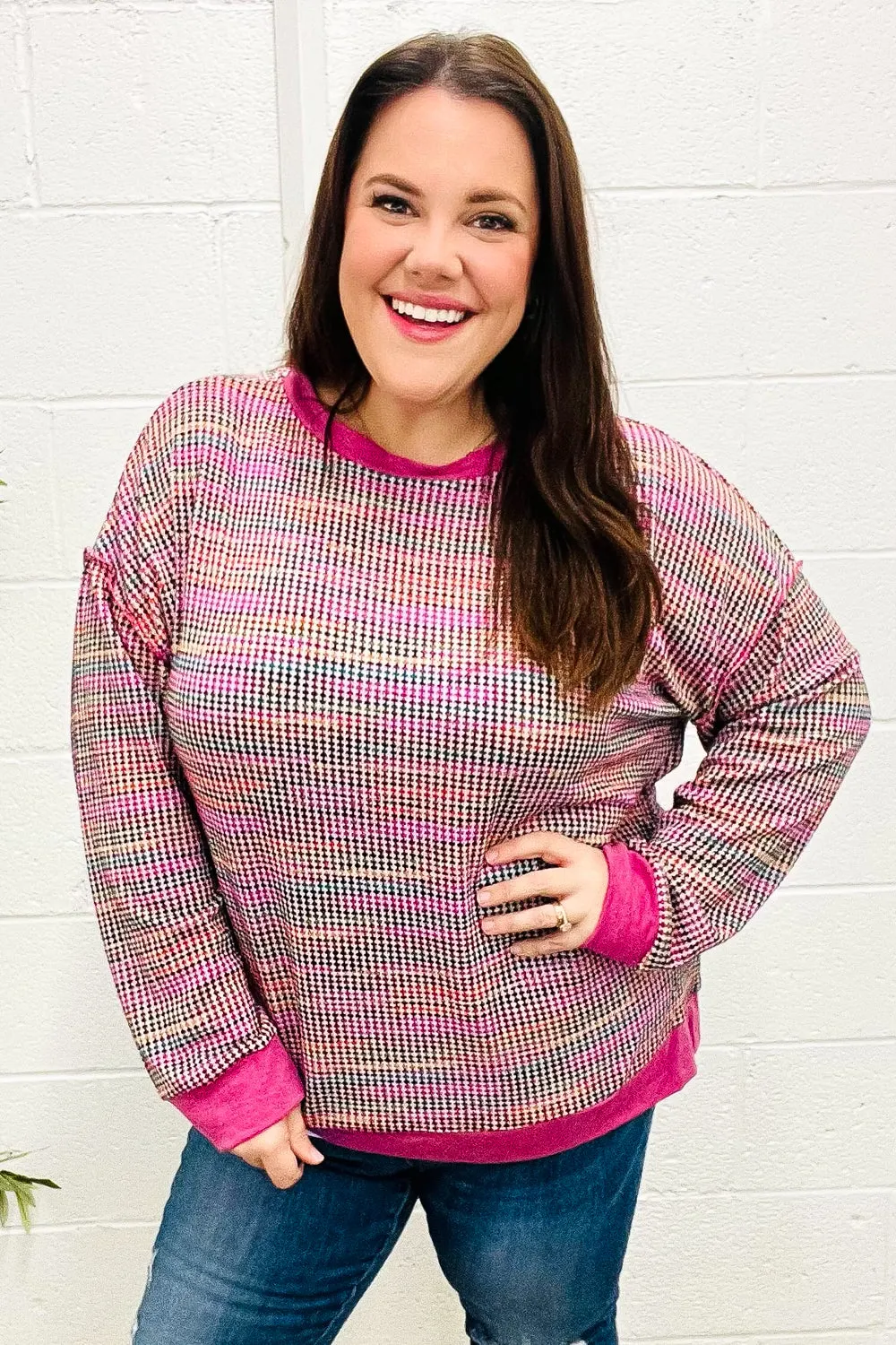 Maxct &Bring Joy Magenta Multicolor Textured Waffle Knit Sweater