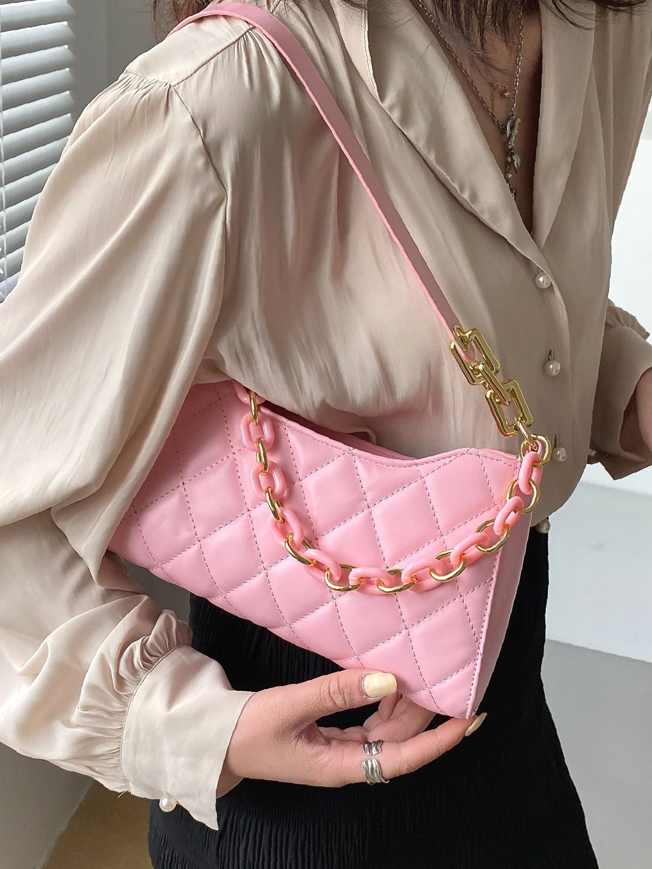Bag For Love - Minimalist Quilted Chain Baguette Bag  - Women Maxct Bags