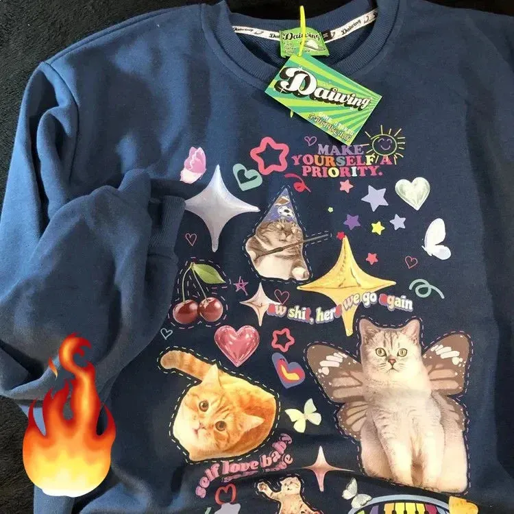 Maxct Kawaii Cat Print Hoodie Women Cutecore Long Sleeve Sweatshirt American Retro E-girl Kitten Angel Graphic Alt Clothes Y2k