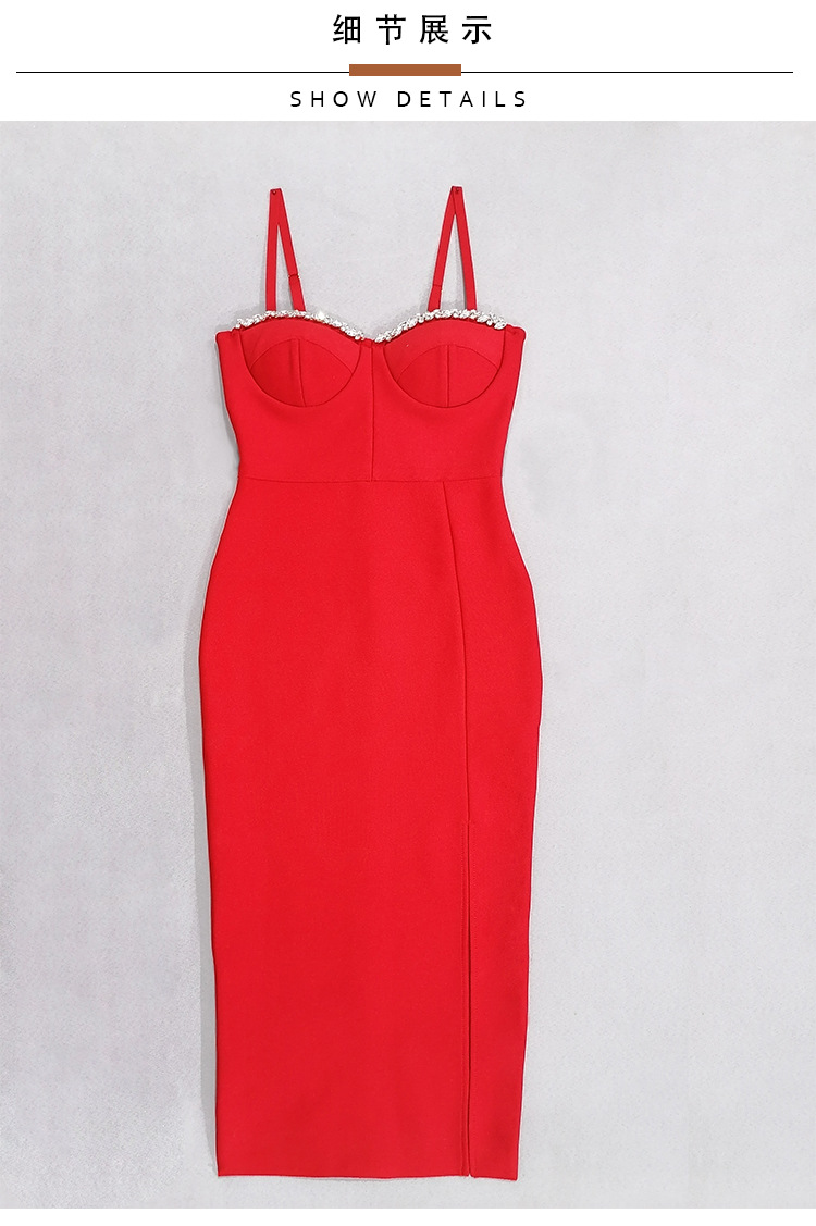 Women's Bandage Thai Strap Rhinestone Split Bandage Dress Sexy Banquet Dress
