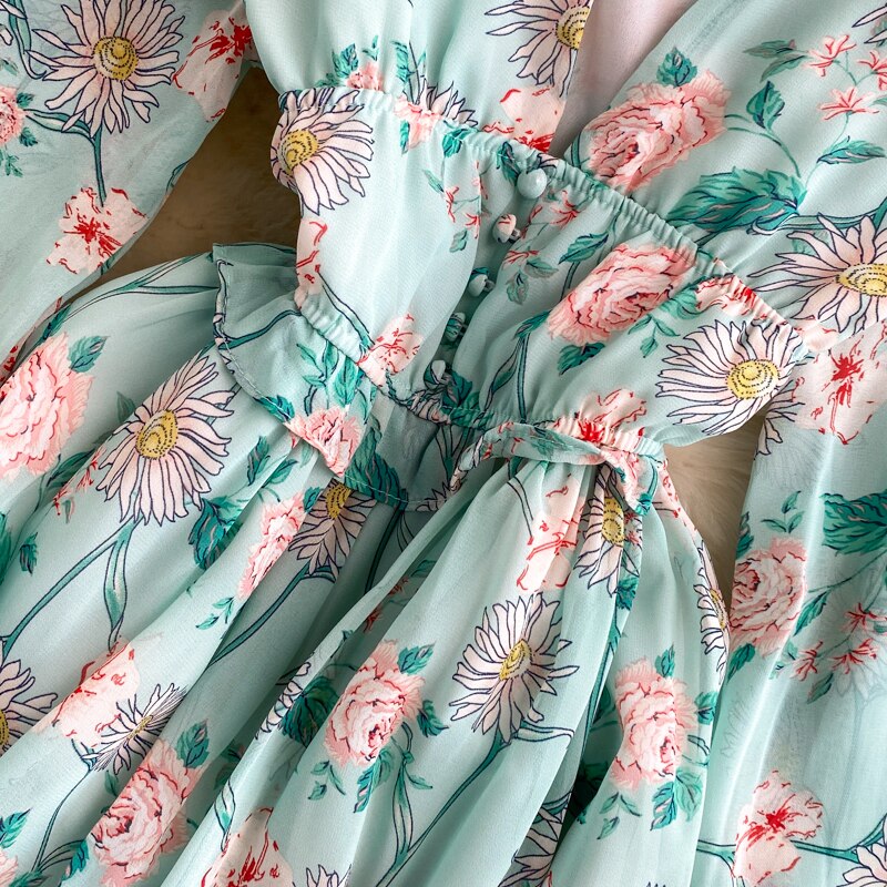 Women's Green/Purple/Beige Floral Chiffon Dress Bohemian V-Neck Lantern Long Sleeve High Waist Ruffle Vestidos Female New