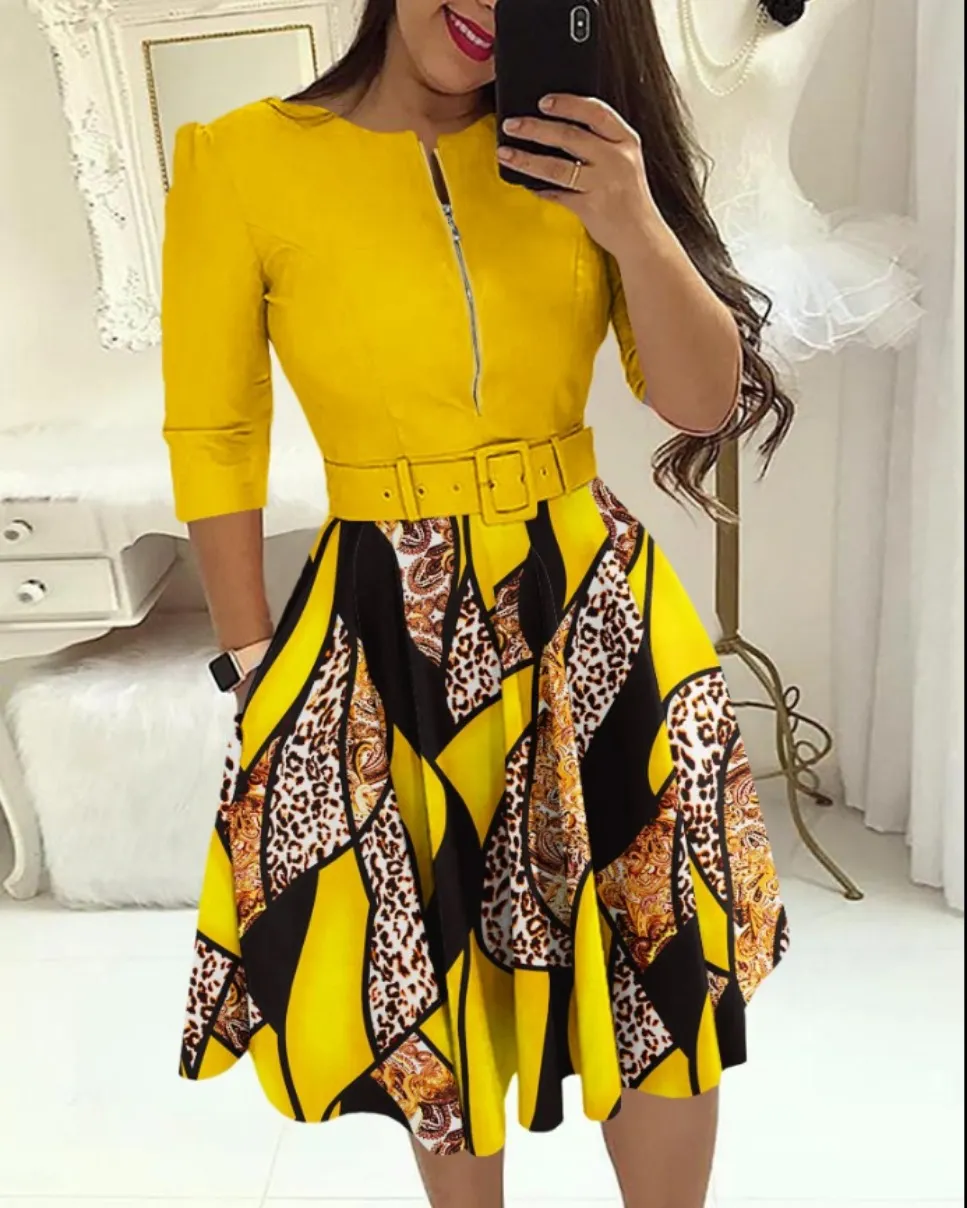 Women's Printed Belted Fit-and-Flare Dress