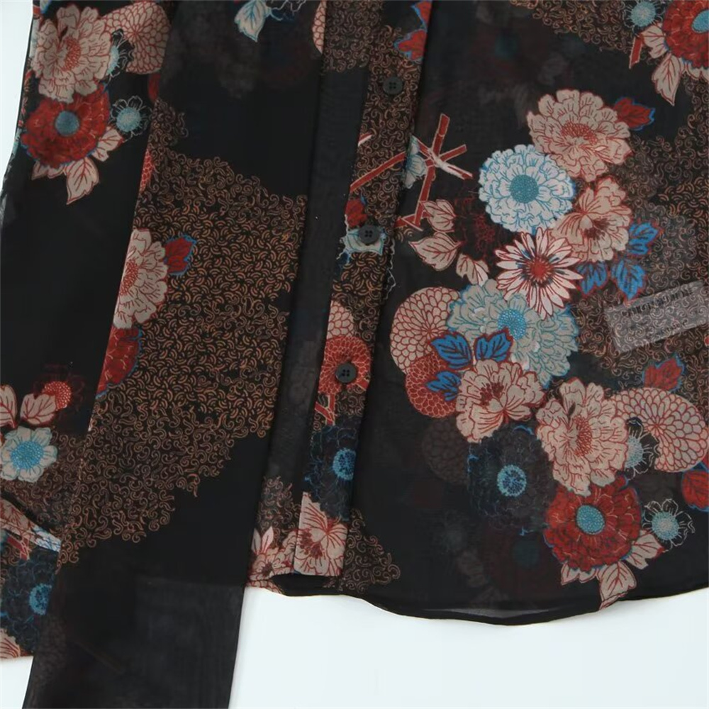 Maxct Autumn New Women's Fashion Style Ribbon Decoration Round Neck Long Sleeve Flower Printed Shirt Top