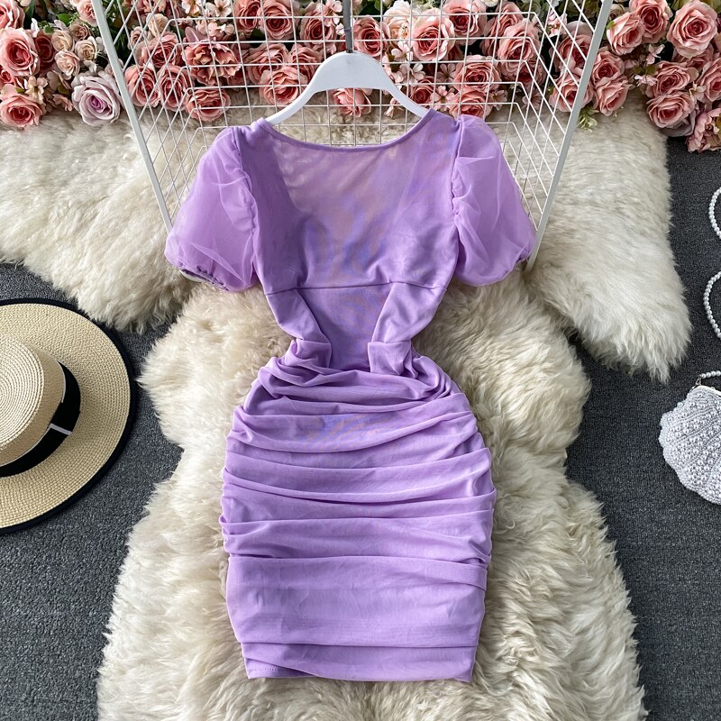 Sexy Mesh Draped Bodycon Dress Women Elegant Square Collar Short Puff Sleeve Pleated Vestidos Female Summer